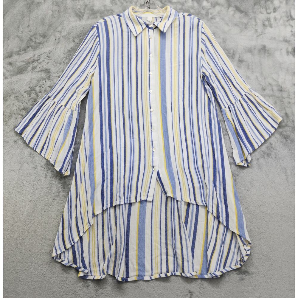 KAZO Top Womens US S Blue‎ Yellow White Striped Tunic 3/4 Sleeve High Low Hem